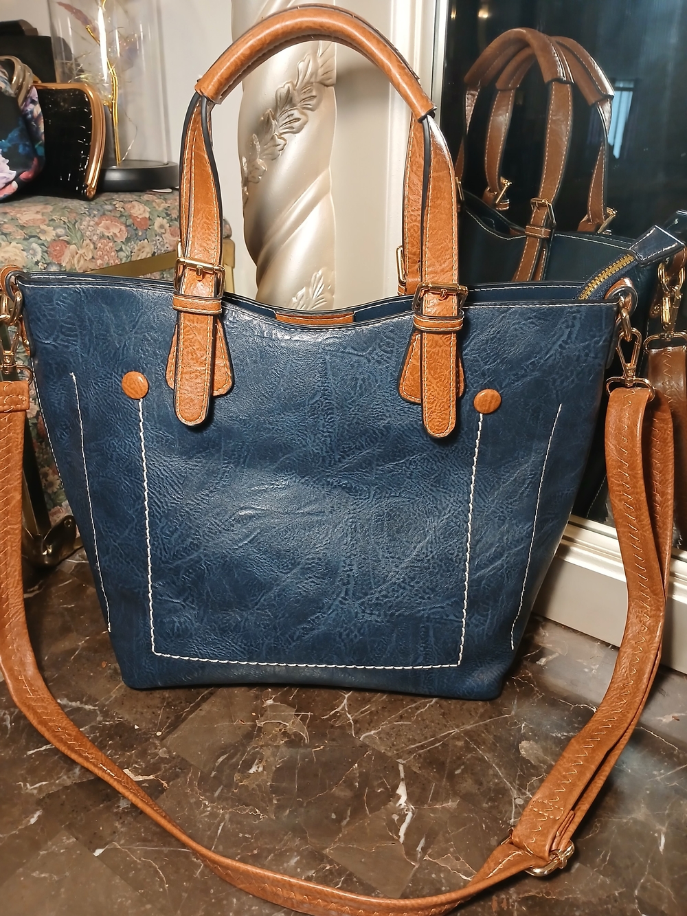 Blue and Brown Vegan Leather Tote Bag - Classic Two-Tone Carryall
